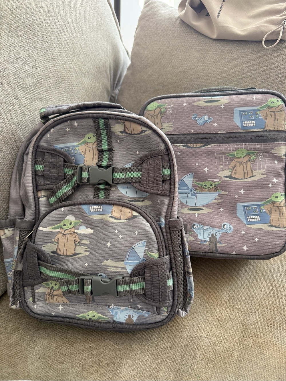 Pottery Barn Kids mini backpack  and lunch bag glow in the dark Star Wars Grogu